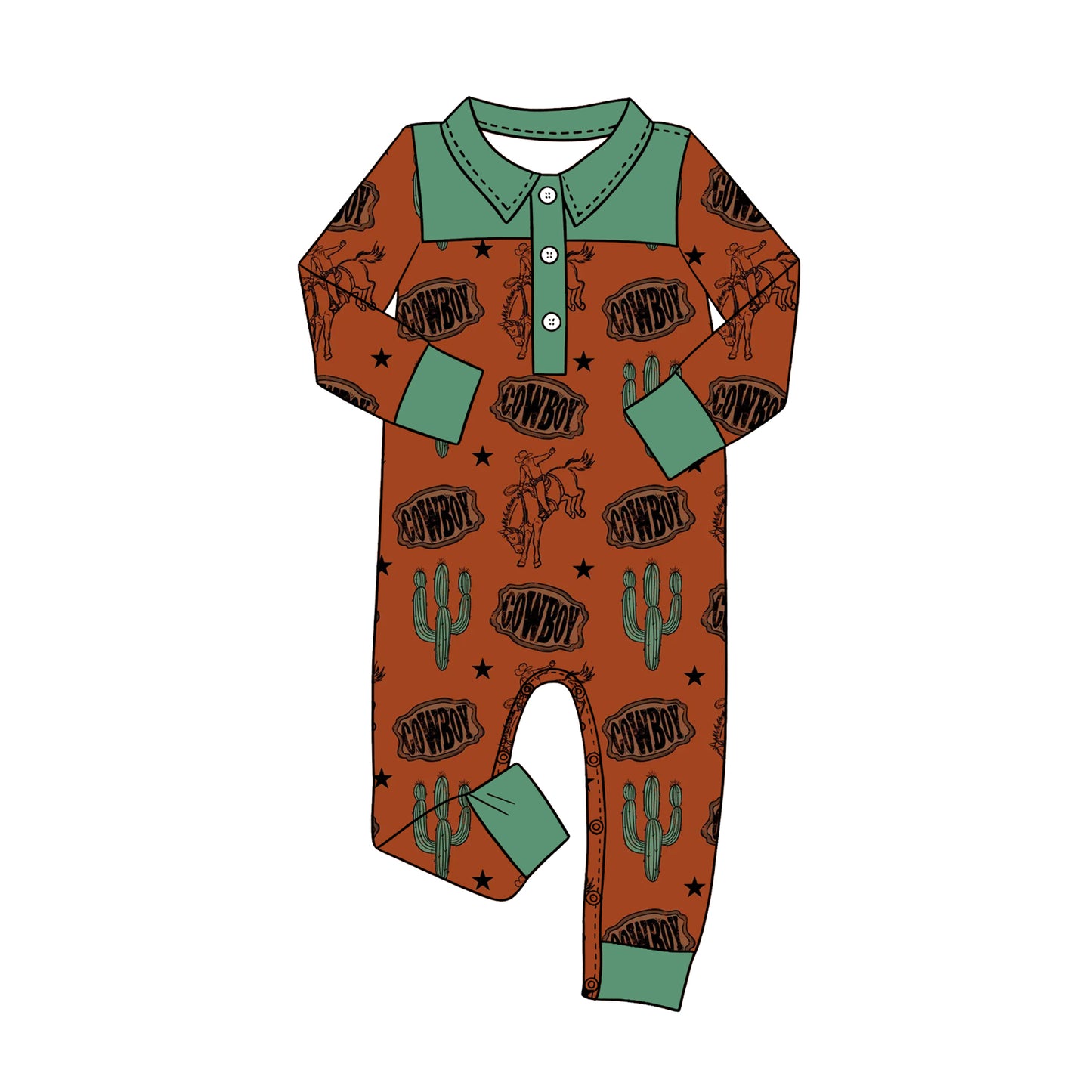 preorder LR3014 Western Cowboy Rodeo Brown Long Sleeve Boys Romper