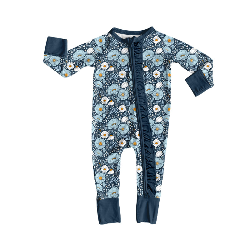preorder LR3015 Flowers Navy Blue Zipper Long Sleeve Girls Romper
