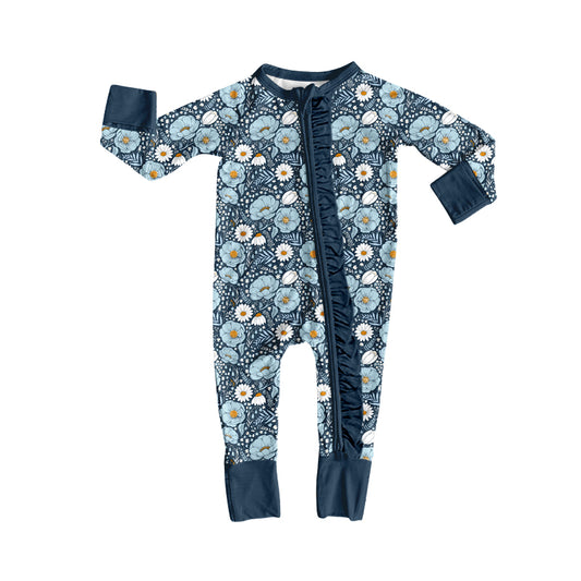 preorder LR3015 Flowers Navy Blue Zipper Long Sleeve Girls Romper