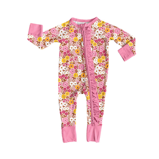 preorder LR3017 Flowers Pink Zipper Long Sleeve Girls Romper
