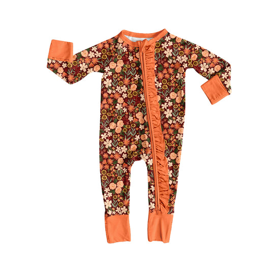 preorder LR3019 Flowers Orange Zipper Long Sleeve Girls Romper