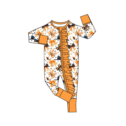 preorder LR3020 Halloween Orange Black Bows Zipper Long Sleeve Girls Romper
