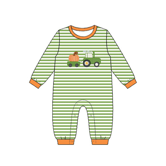 preorder LR3036 Pumpkin Truck Green Striped Long Sleeve Boys Romper
