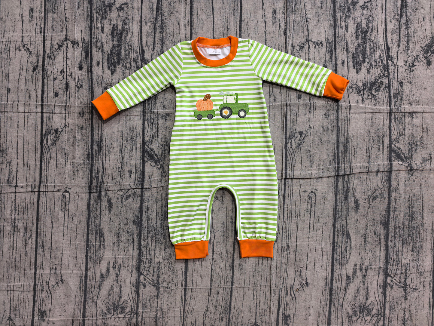preorder Samples LR3036 Pumpkin Truck Green Striped Long Sleeve Boys Romper