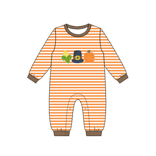 preorder LR3037 Halloween Pumpkin Corn Striped Long Sleeve Boys Romper