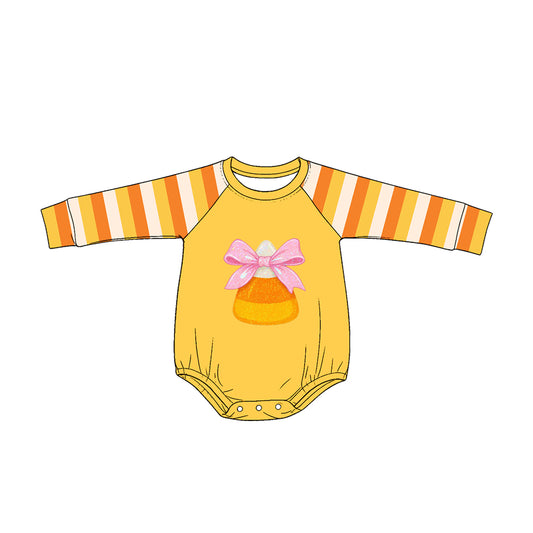 preorder LR3042 Halloween Corn Bow Long Sleeve Girls Romper