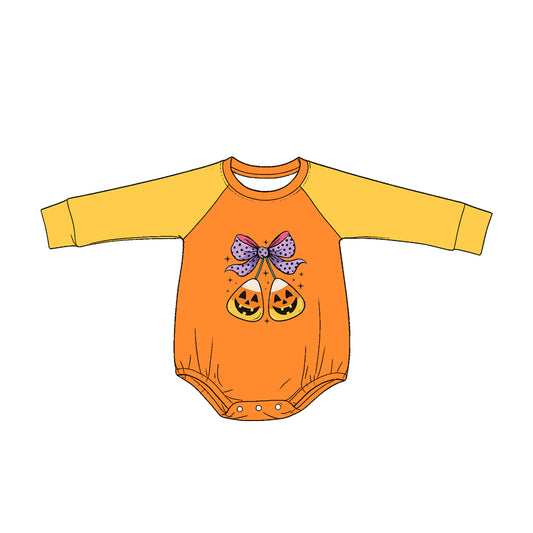preorder LR3043 Halloween Corn Bow Long Sleeve Girls Romper