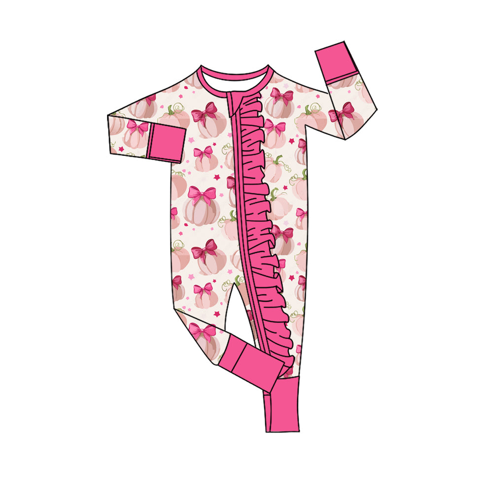 preorder LR3056 Pumpkin Hot Pink Zipper Long Sleeve Girls Romper