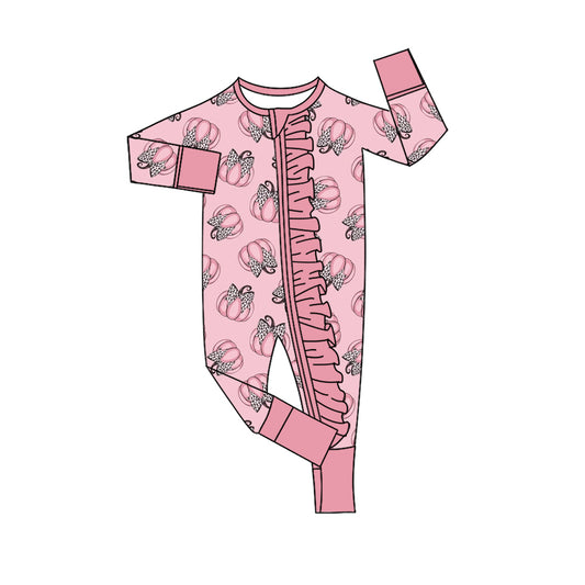 preorder LR3057 Pumpkin Bows Pink Zipper Long Sleeve Girls Romper