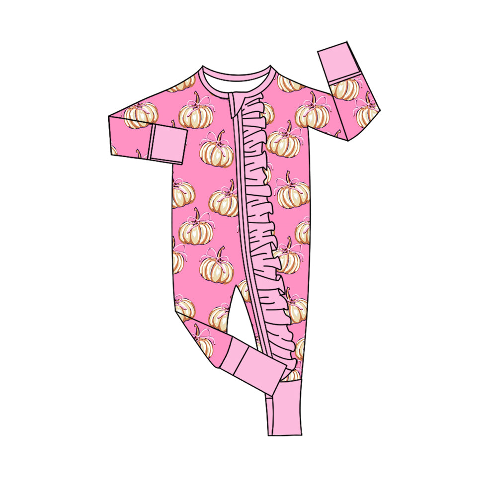 preorder LR3058 Pumpkin Bows Pink Zipper Long Sleeve Girls Romper