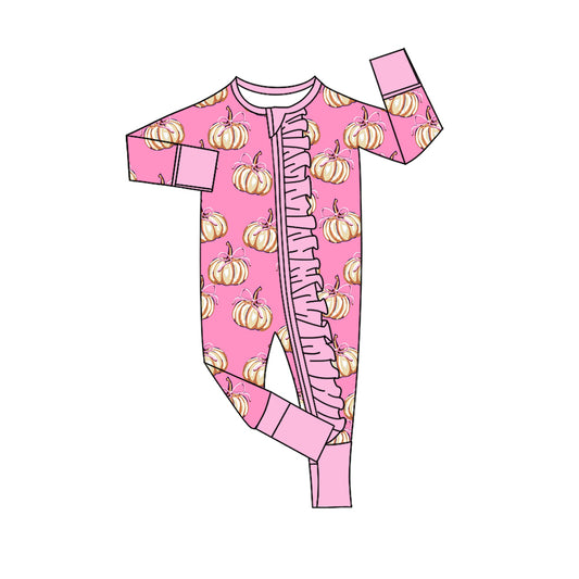 preorder LR3058 Pumpkin Bows Pink Zipper Long Sleeve Girls Romper