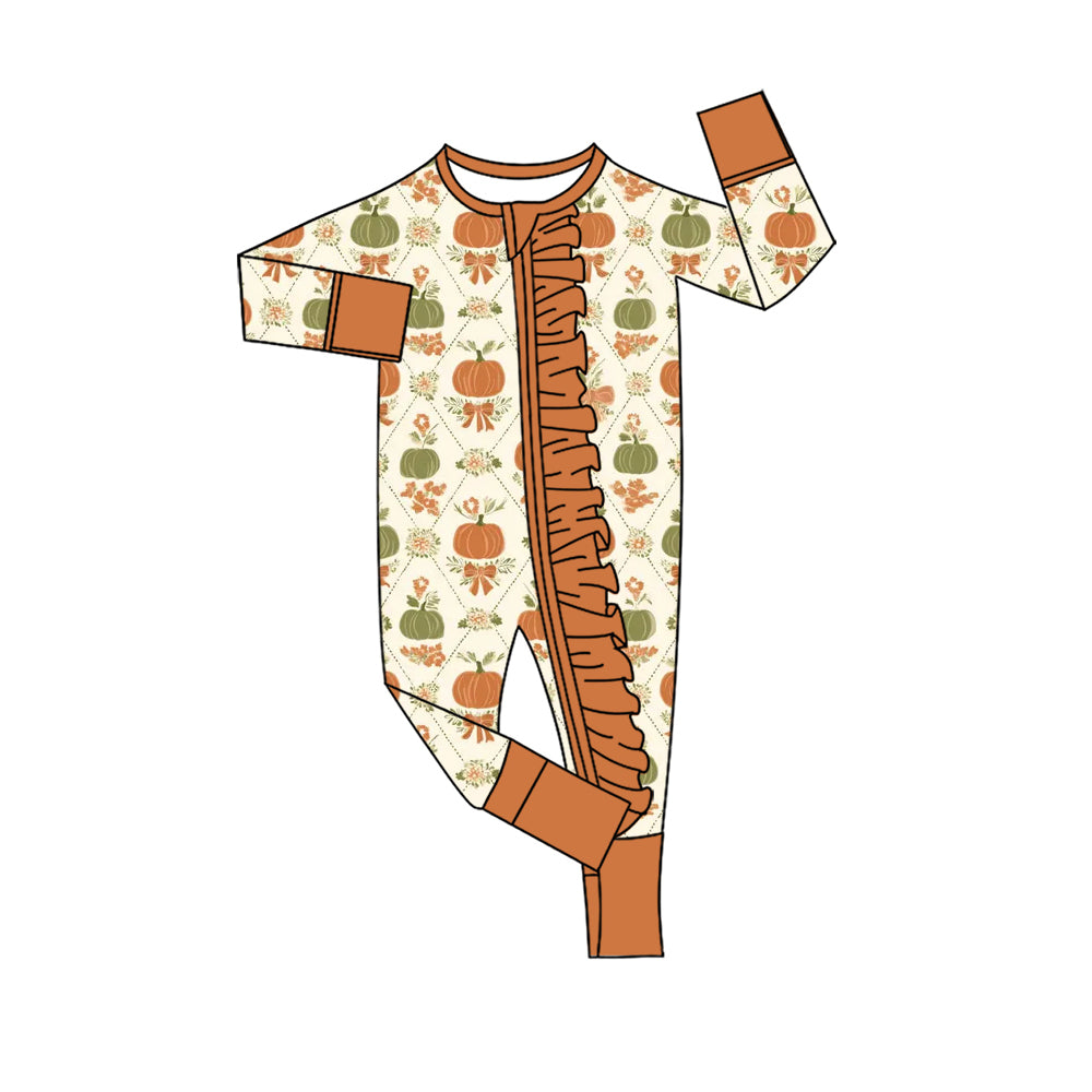 preorder LR3059 Pumpkin Zipper Long Sleeve Girls Romper