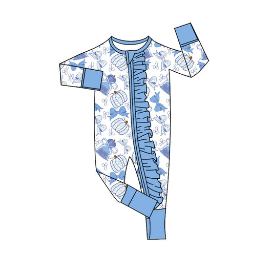 preorder LR3060 Pumpkin Blue Zipper Long Sleeve Girls Romper