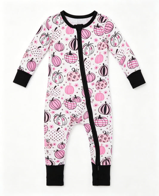 preorder LR3064 Pumpkin Hot Pink Zipper Long Sleeve Girls Romper