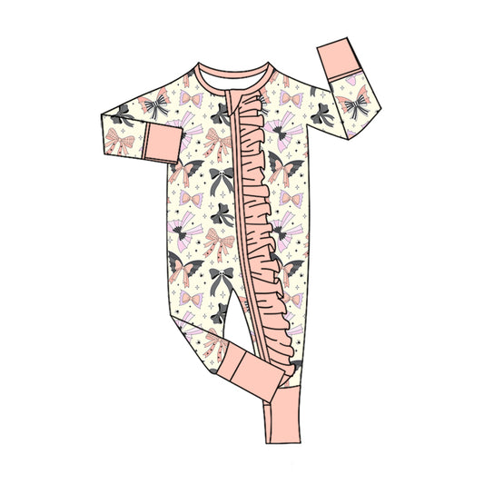 preorder LR3078 Halloween Bows Pink Zipper Long Sleeve Girls Romper