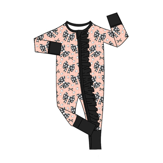 preorder LR3079 Halloween Bows Black Zipper Long Sleeve Girls Romper