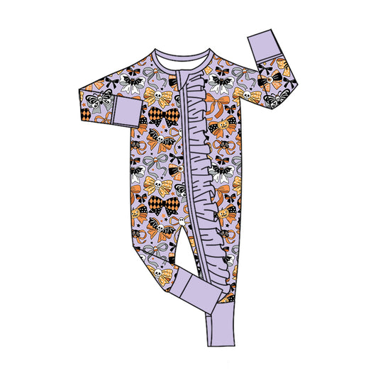 preorder LR3080 Halloween Bows Purple Zipper Long Sleeve Girls Romper