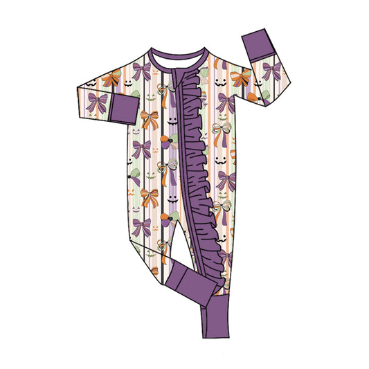 preorder LR3082 Halloween Bows Purple Zipper Long Sleeve Girls Romper