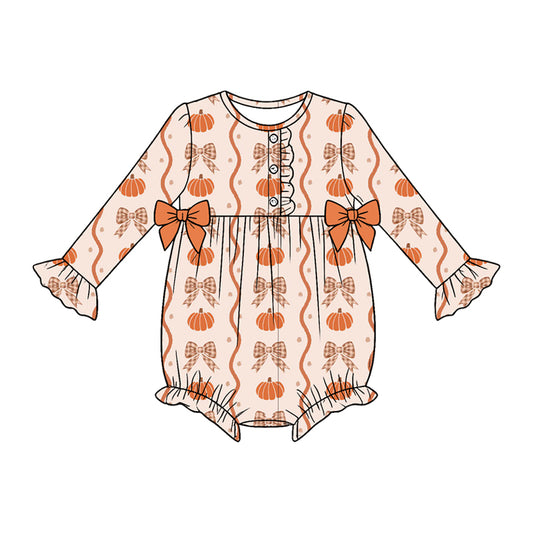 preorder LR3083 Pumpkin Bows Long Sleeve Girls Romper