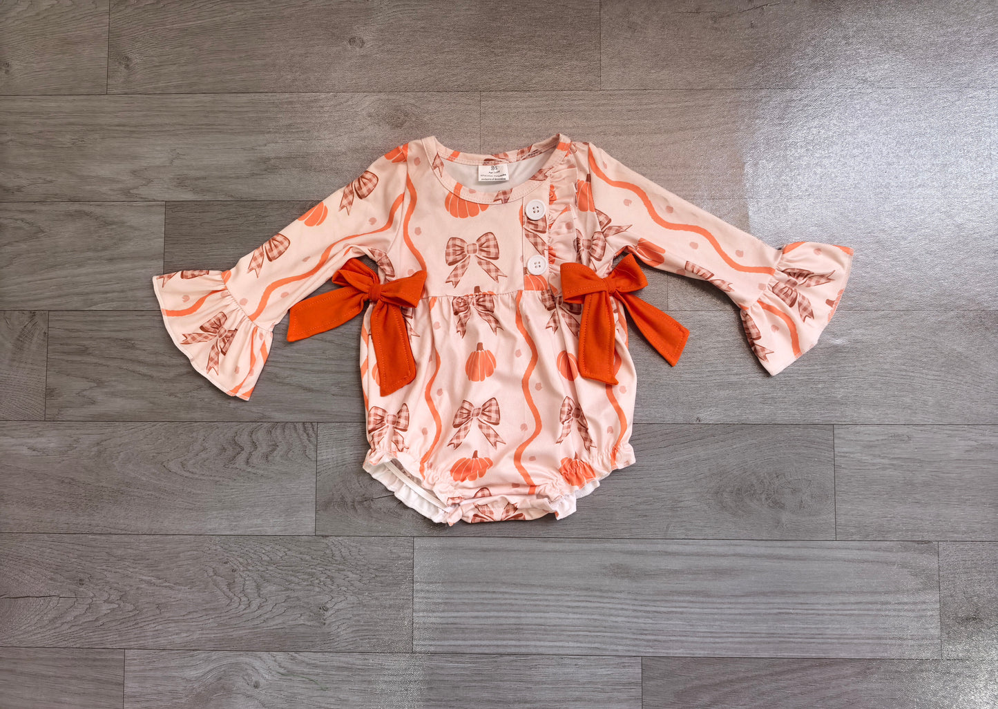 preorder Samples LR3083 Pumpkin Bows Long Sleeve Girls Romper