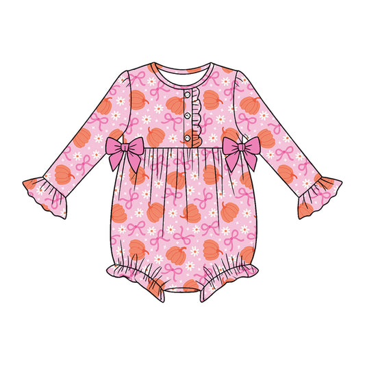 preorder LR3085 Bows Pumpkin Long Sleeve Girls Romper