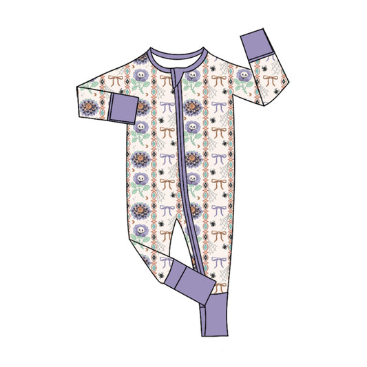 preorder LR3092 Halloween Spooky Bows Purple Zipper Long Sleeve Girls Romper