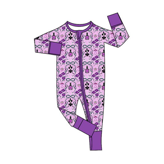 preorder LR3093 Halloween Bows Purple Zipper Long Sleeve Girls Romper