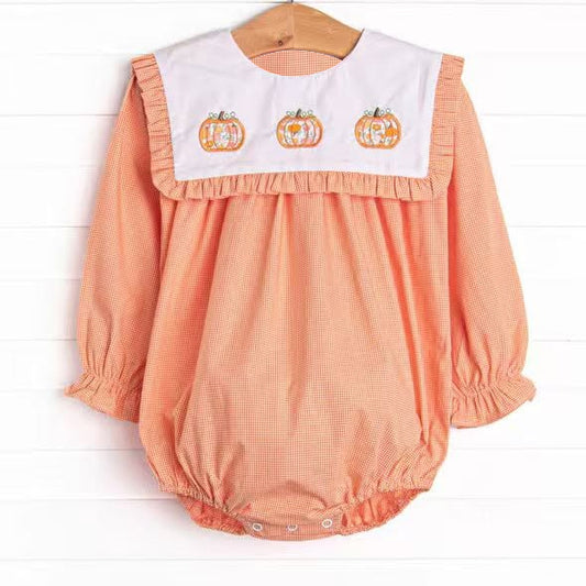 preorder LR3101 Thanksgiving Pumpkin Orrange Long Sleeve Girls Romper