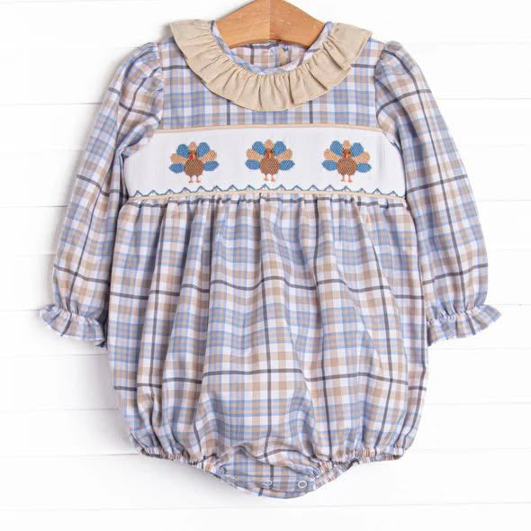 preorder LR3103 Thanksgiving Turkey Checkered Long Sleeve Girls Romper