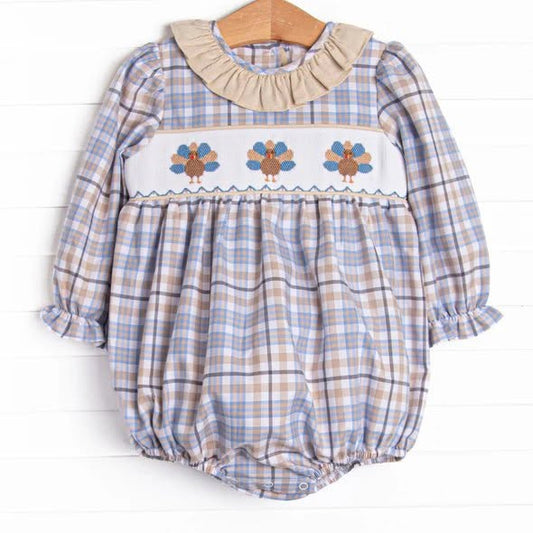 preorder LR3103 Thanksgiving Turkey Checkered Long Sleeve Girls Romper
