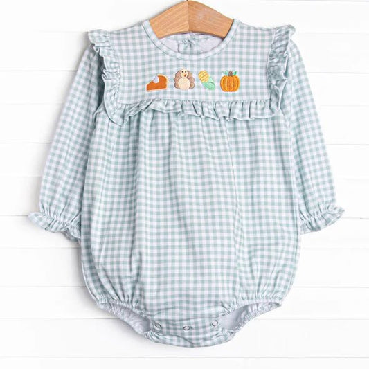 preorder LR3104 Thanksgiving Turkey Pukmpkin Pie Checkered Long Sleeve Girls Romper