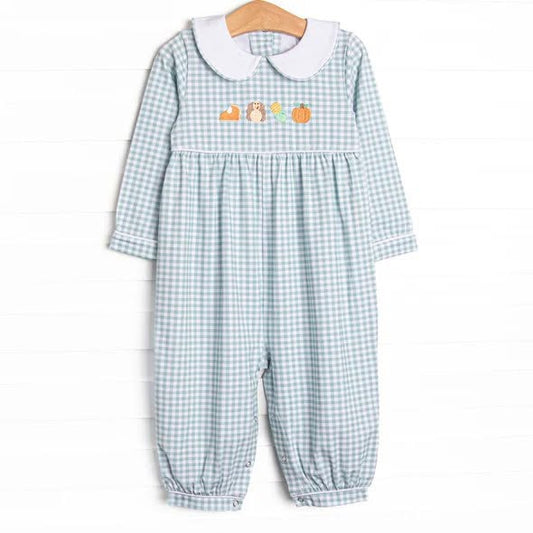 preorder LR3105 Thanksgiving Turkey Pukmpkin Pie Checkered Long Sleeve Girls Romper