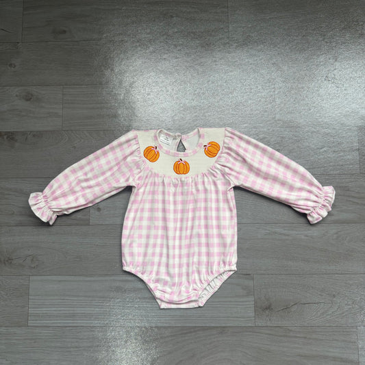 preorder Samples LR3106 Smocked Pumpkin Checkered Long Sleeve Girls Romper