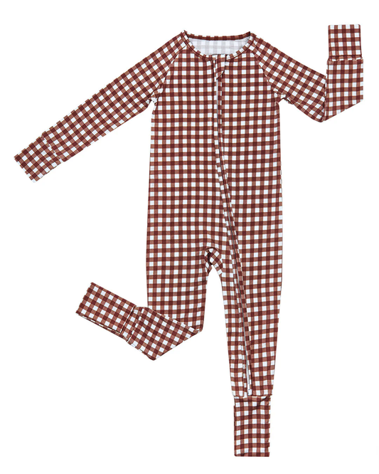 preorder LR3113 Brown Checkered Zipper Long Sleeve Boys Romper