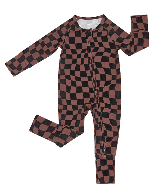 preorder LR3115 Brown Black Checkered Zipper Long Sleeve Boys Romper