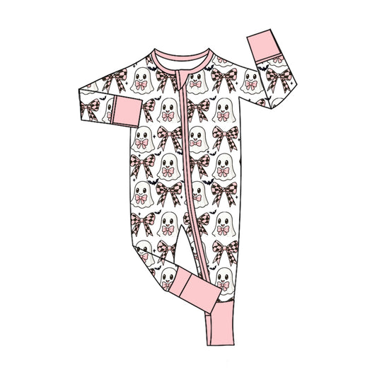 preorder LR3120 Halloween Spooky Bows Pink Zipper Long Sleeve Girls Romper