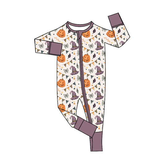 preorder LR3123 Halloween Spooky Pumpkin Purple Zipper Long Sleeve Boys Romper