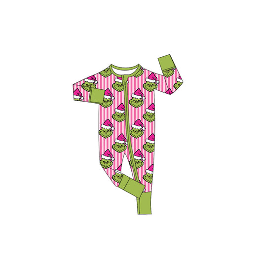 preorder LR3126 Christmas Green Face Pink Zipper Long Sleeve Girls Romper