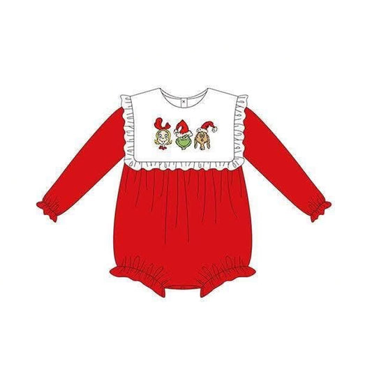 preorder LR3130 Christmas Green Face Red Long Sleeve Girls Romper
