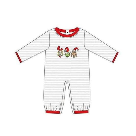 preorder LR3131 Christmas Green Face Red Long Sleeve Girls Romper
