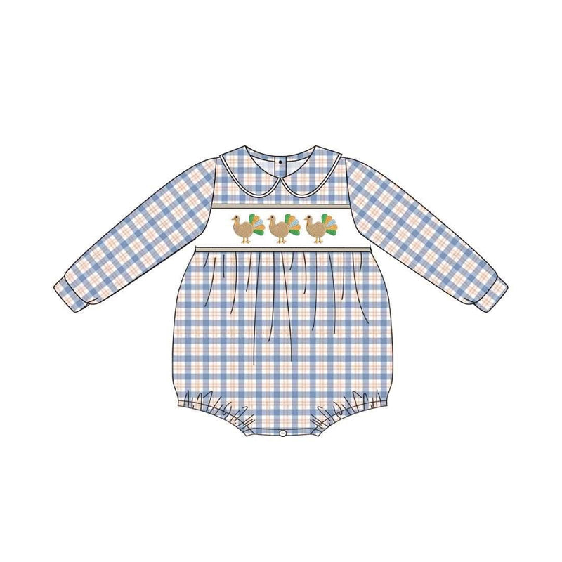 preorder LR3132 Turkey Blue Checkered Long Sleeve Boys Romper