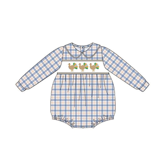 preorder LR3132 Turkey Blue Checkered Long Sleeve Boys Romper