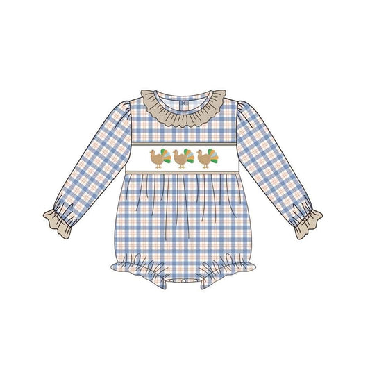 preorder LR3133 Turkey Blue Checkered Long Sleeve Girls Romper