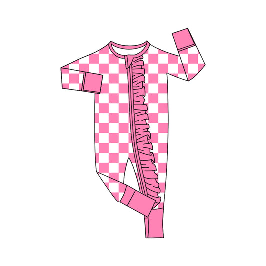 preorder LR3134 Pink Checkered Zipper Long Sleeve Girls Romper