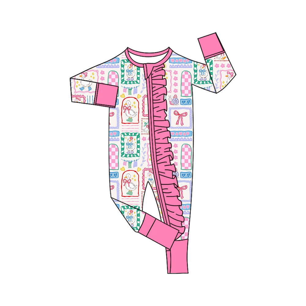 preorder LR3135 Goose Bows Pink Zipper Long Sleeve Girls Romper