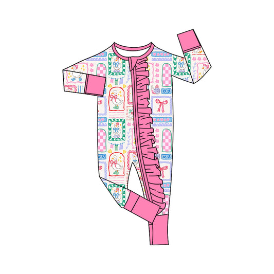 preorder LR3135 Goose Bows Pink Zipper Long Sleeve Girls Romper