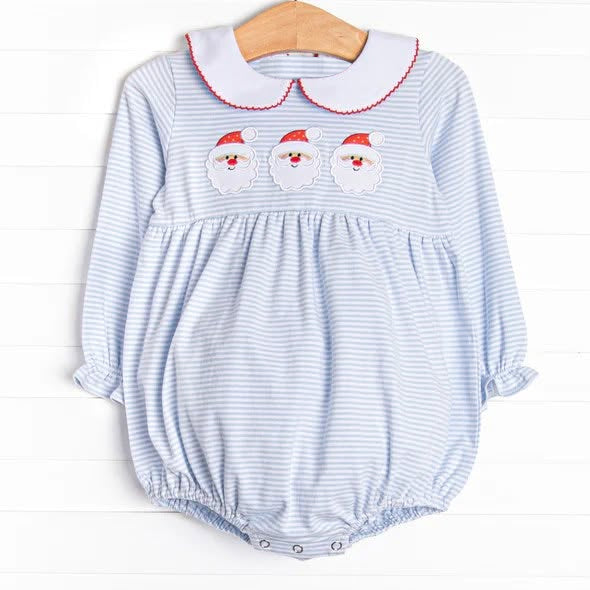 preorder LR3136 Christmas Santa Blue Long Sleeve Girls Romper