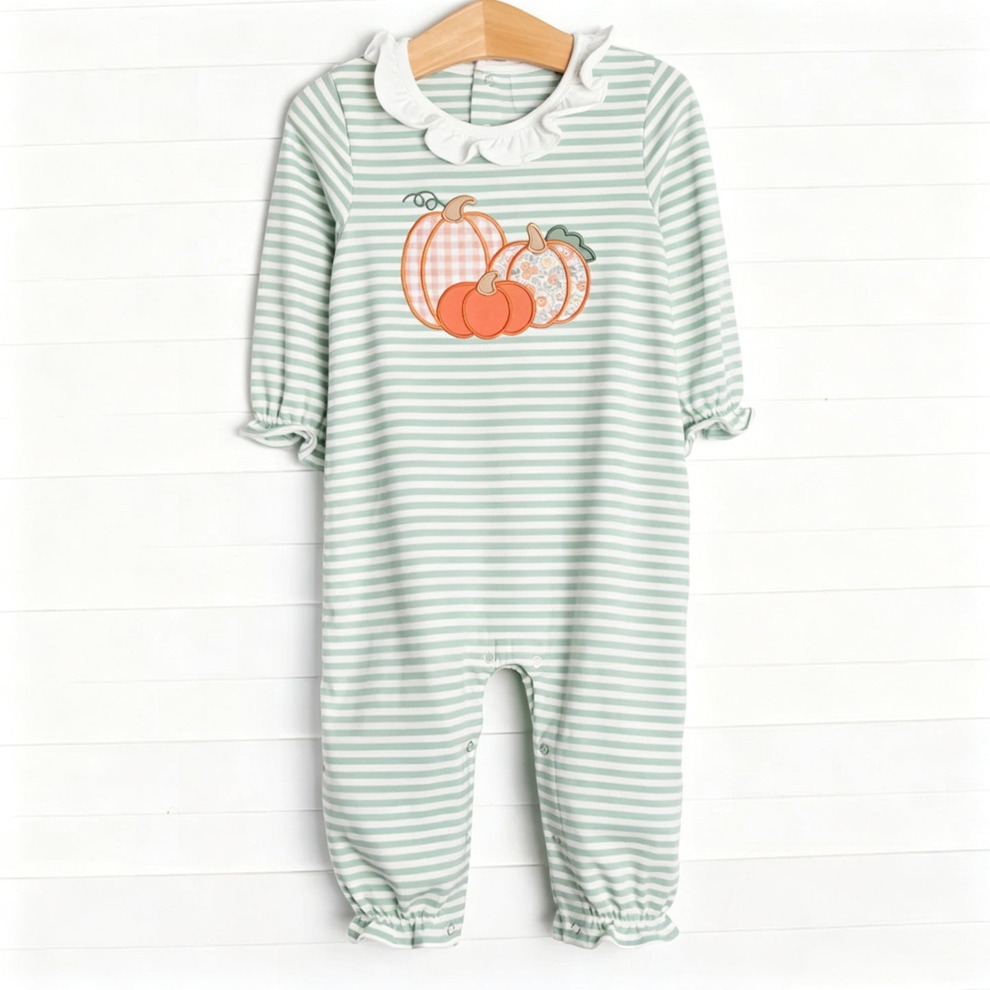 preorder LR3137 Pumpkin Green Striped Long Sleeve Girls Romper