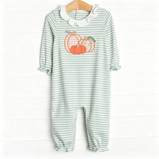 preorder LR3137 Pumpkin Green Striped Long Sleeve Girls Romper