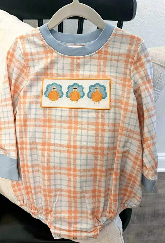 preorder LR3138 Turkey Orange Checkered Long Sleeve Boys Romper